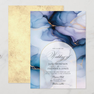 Invitation Mariage à l'encre d'alcool bleue marine et or