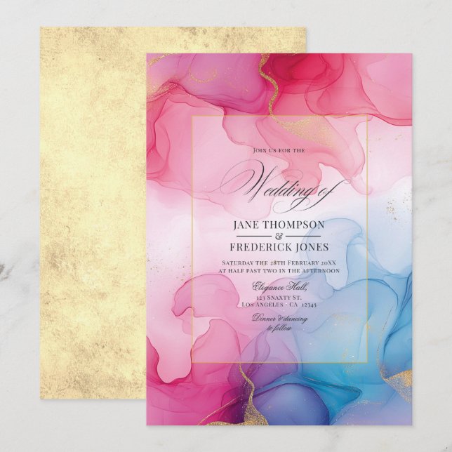 Invitation Mariage à l'encre d'alcool rose, bleu et or fluide (Devant / Derrière)