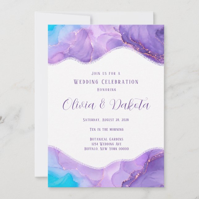 Invitation Mariage à l'encre d'alcool sarcelle pourpre éthéré (Devant)