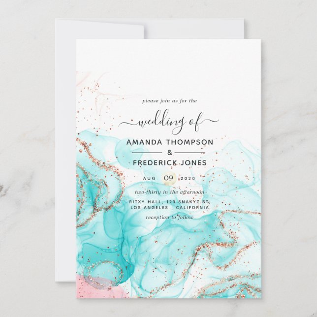 Invitation Mariage à l'encre d'alcool Turquoise, Corail et Or (Devant)