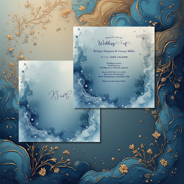 Invitation mariage à l'encre de marbre côtier bleu blanc rêve (Créateur téléchargé)