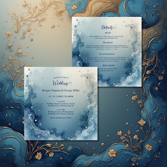 Invitation mariage à l'encre de marbre côtier bleu blanc rêve (Créateur téléchargé)