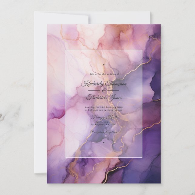 Invitation Mariage à l'encre Deep Purple, lavande et or rose (Devant)
