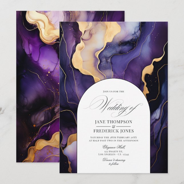 Invitation Mariage à l'encre noire, or et violet foncé (Devant / Derrière)