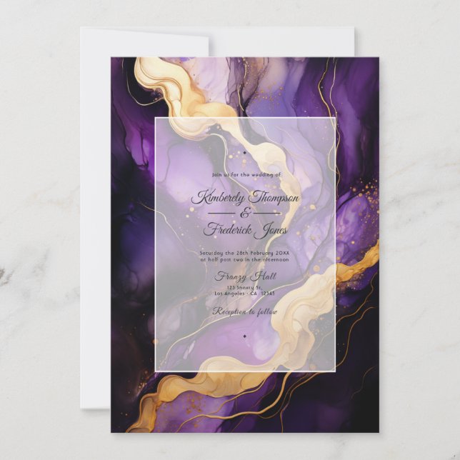 Invitation Mariage à l'encre noire, or et violet foncé (Devant)