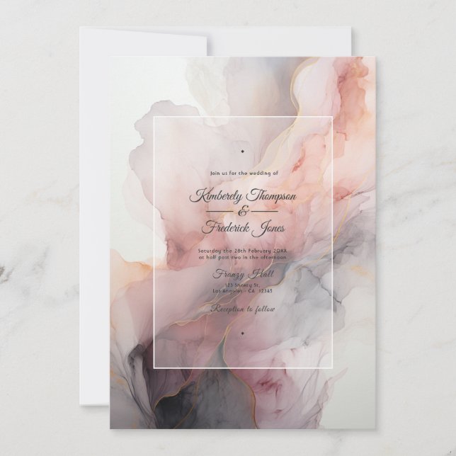 Invitation Mariage à l'encre Rose Poussiéreuse, Grise et Arge (Devant)