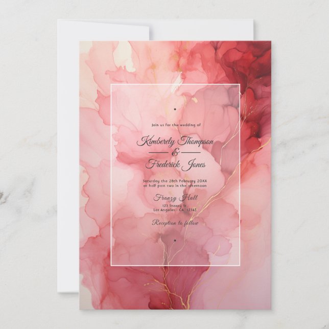 Invitation Mariage à l'encre rouge foncé, rose tendre et arge (Devant)