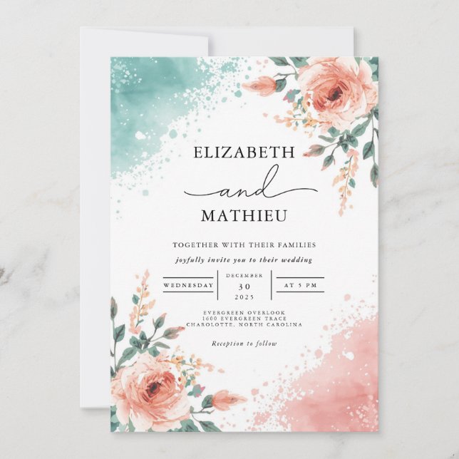 Invitation Mariage à lessive florale de corail de pêche soupl (Devant)