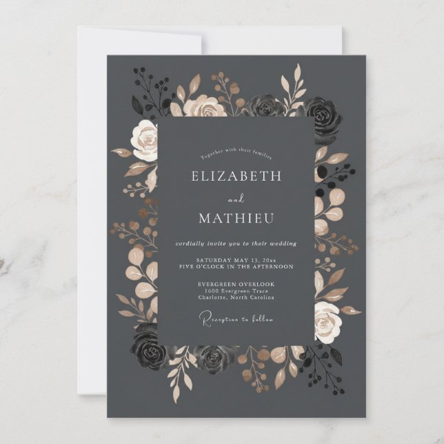 Invitation Mariage à l'étreinte florale au charbon (Devant)