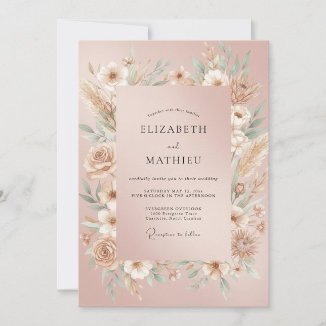 Invitation Mariage à l'eucalyptus avec herbe de Pampas rose (Devant)