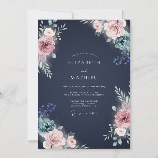 Invitation Mariage à l'eucalyptus et au ranunculus Indigo Blu (Devant)