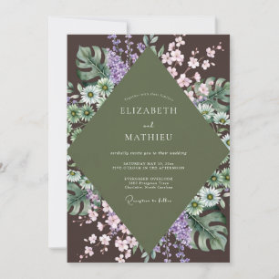 Invitation Mariage à l'eucalyptus et Monstera violet olive