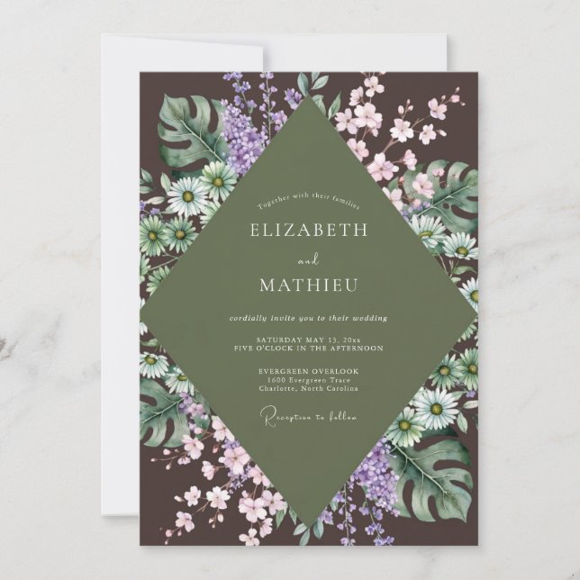 Invitation Mariage à l'eucalyptus et Monstera violet olive (Devant)