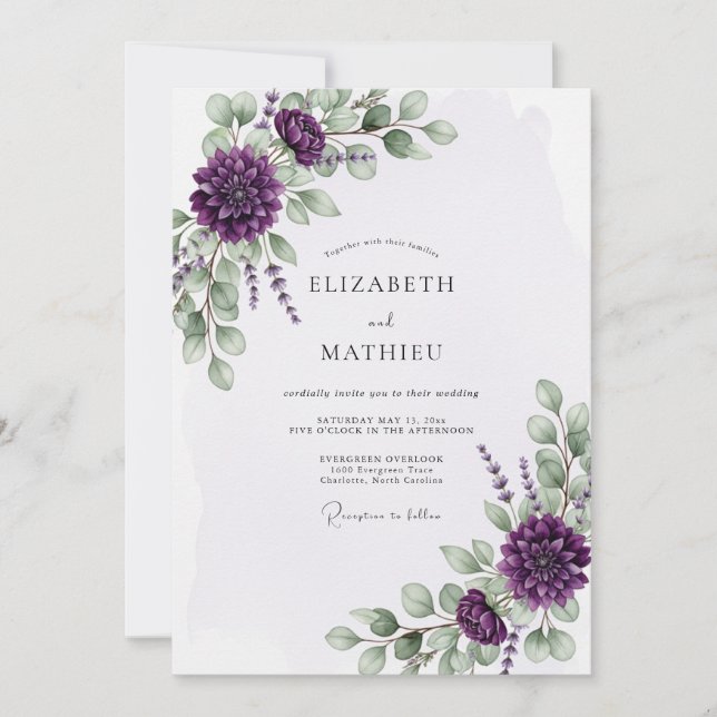 Invitation Mariage à l'eucalyptus fleuri violet (Devant)
