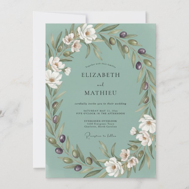 Invitation Mariage à l'eucalyptus olive sarcelle poussiéreuse (Devant)