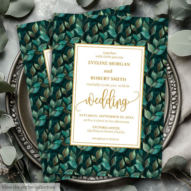 Invitation Mariage à l'eucalyptus vert foncé tendance invite (Trendy Dark Green Gold Eucalyptus Wedding Invitation)