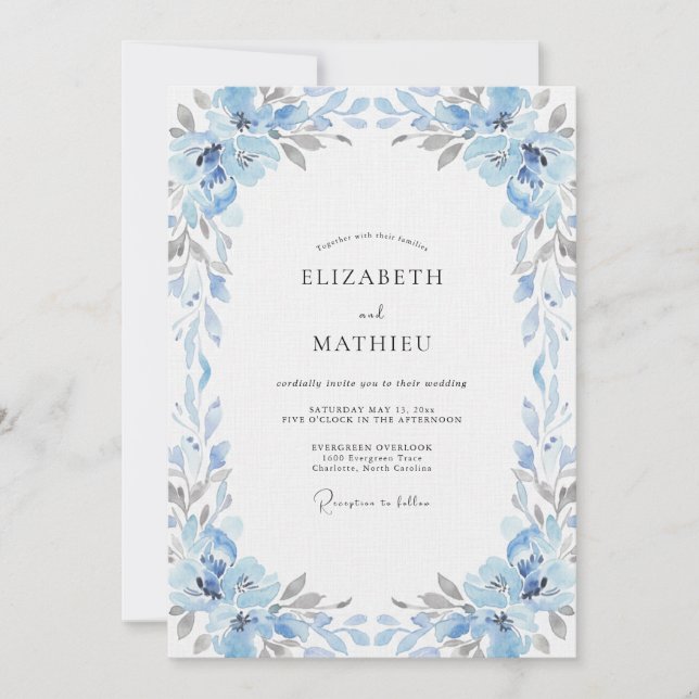 Invitation Mariage à l'hydrangea bleu glace et à l'eucalyptus (Devant)