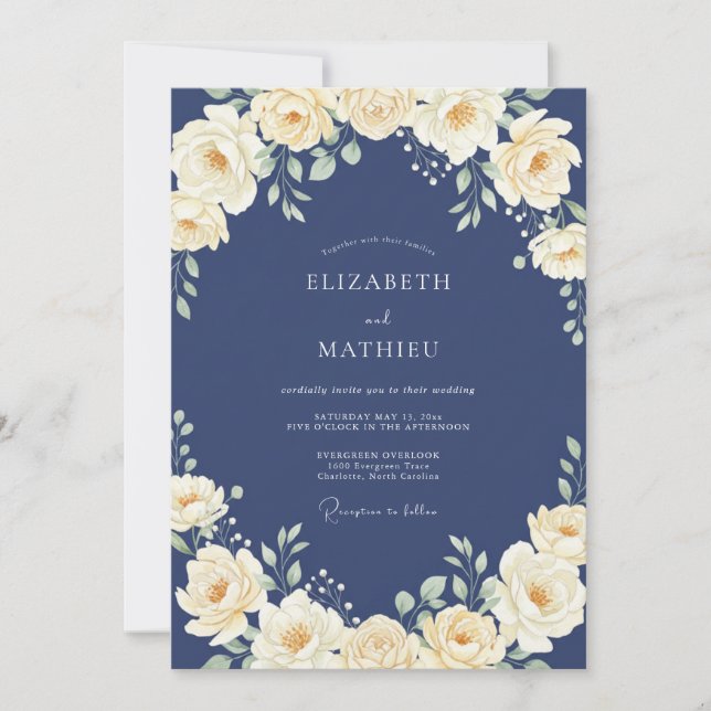 Invitation Mariage à l'indigo, crème, renoncule et eucalyptus (Devant)