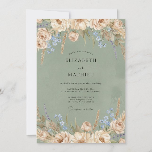 Invitation Mariage à l'olive Champagne Prairie Eucalyptus (Devant)