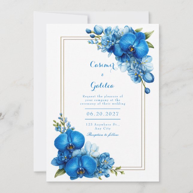 Invitation Mariage à l'Orchidée Botanique Dorée sur Fond Bleu (Devant)
