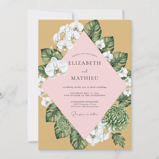 Invitation Mariage à l'orchidée rose moutarde (Devant)