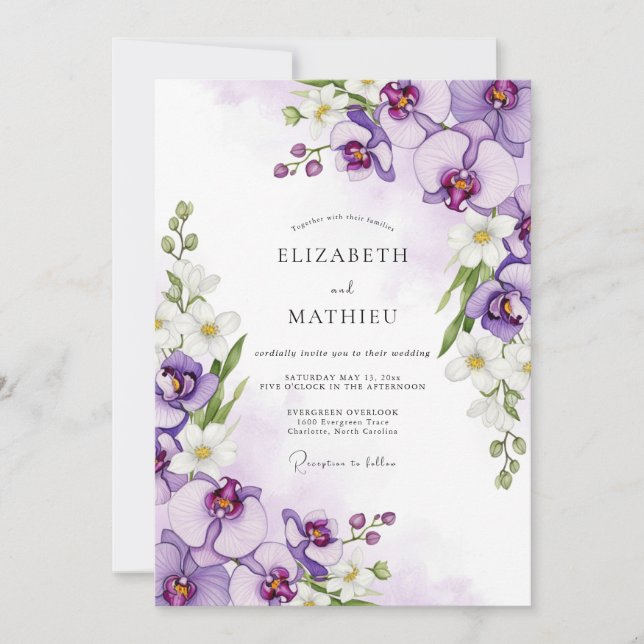 Invitation Mariage à l'orchidée violette florissante (Devant)