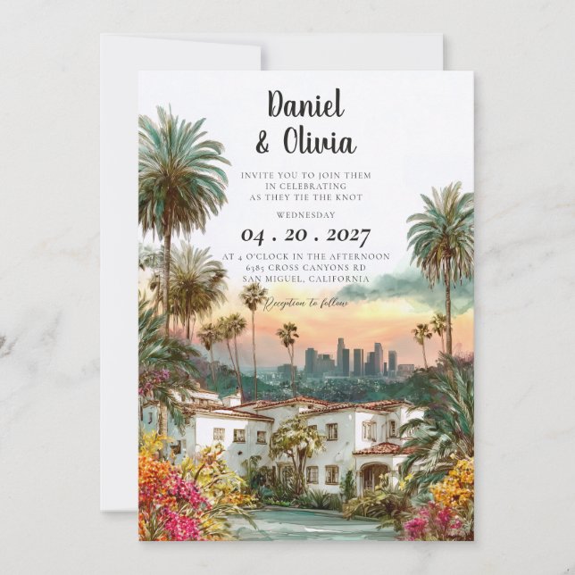 Invitation Mariage à Los Angeles avec ciel de destination aqu (Devant)
