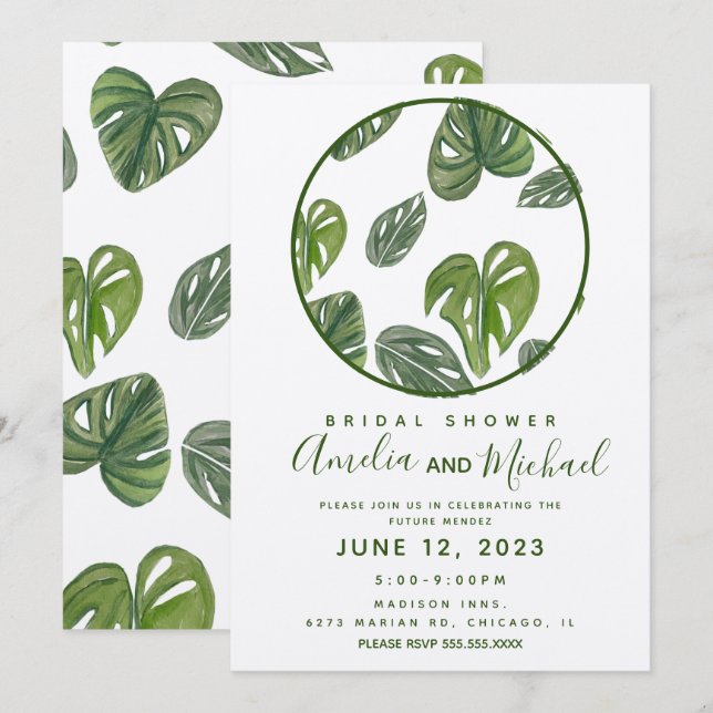 Invitation Mariage à main aquarelle Monstera et feuille Adans (Devant / Derrière)