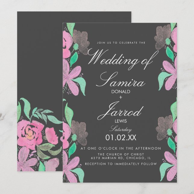 Invitation Mariage à main levée aquarelle rose verdure (Devant / Derrière)