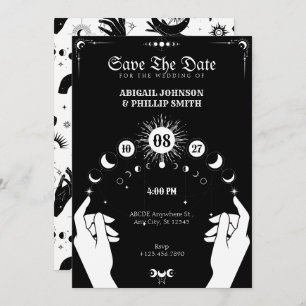 Invitation Mariage à main mystique Boho Moon noir et blanc