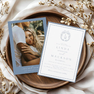 Invitation Mariage à monogramme à blason botanique bleu pouss