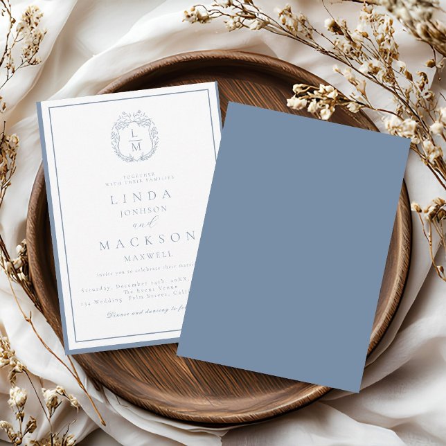 Invitation Mariage à monogramme à blason botanique bleu pouss (Créateur téléchargé)
