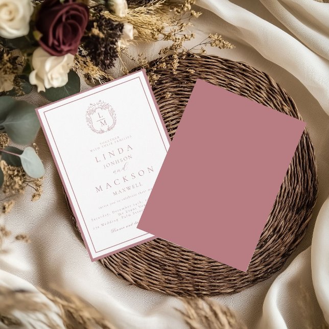 Invitation Mariage à monogramme à crête botanique Rose poussi (Créateur téléchargé)