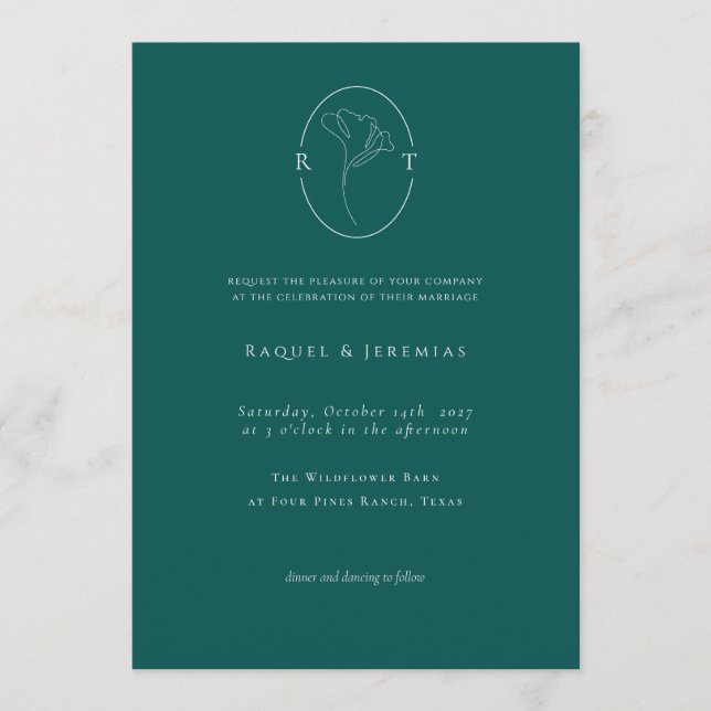 Invitation Mariage à monogramme botanique émeraude moderne (Devant)