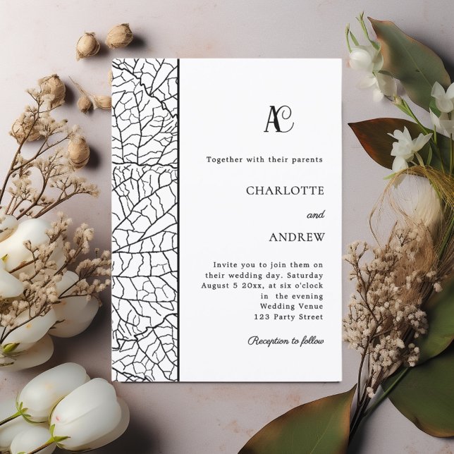 Invitation Mariage à monogramme botanique noir et blanc (Créateur téléchargé)