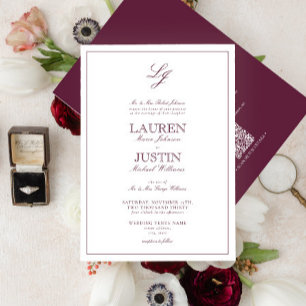 Invitation Mariage à monogramme classique en écriture burgund