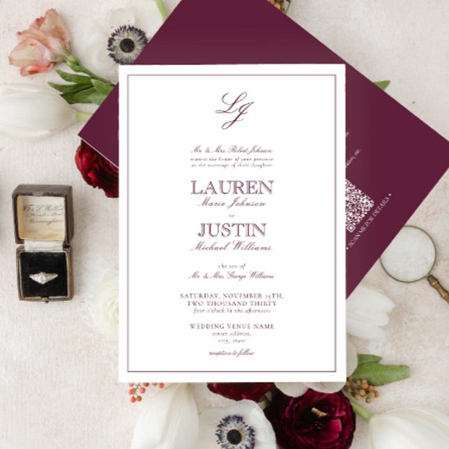 Invitation Mariage à monogramme classique en écriture burgund (Créateur téléchargé)