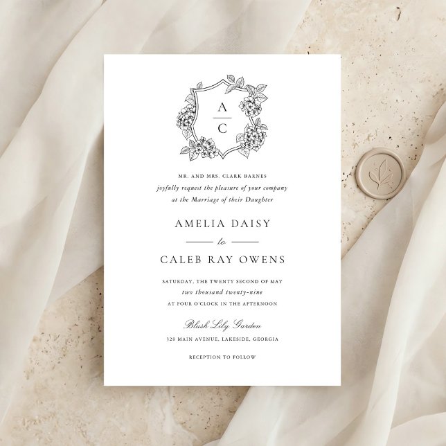 Invitation Mariage à monogramme floral élégant Hydrangea Cres (Créateur téléchargé)
