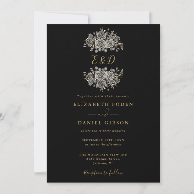 Invitation Mariage à monogramme floral gothique noir et or (Devant)