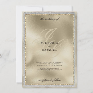 Invitation Mariage à monogramme noir paillettes dorées
