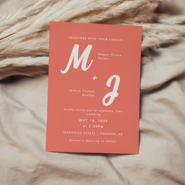 Invitation Mariage à Monogramme Rose Corail Moderne Gras  (Créateur téléchargé)