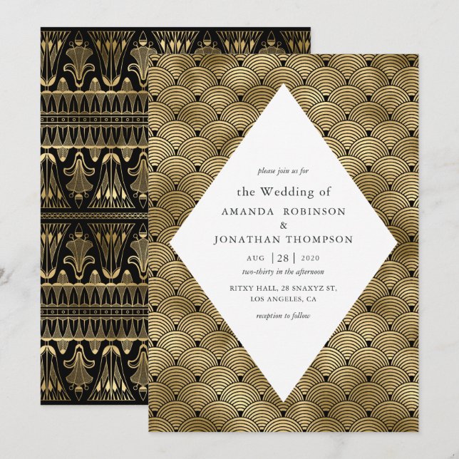 Invitation Mariage à motif Art Déco noir et or (Devant / Derrière)
