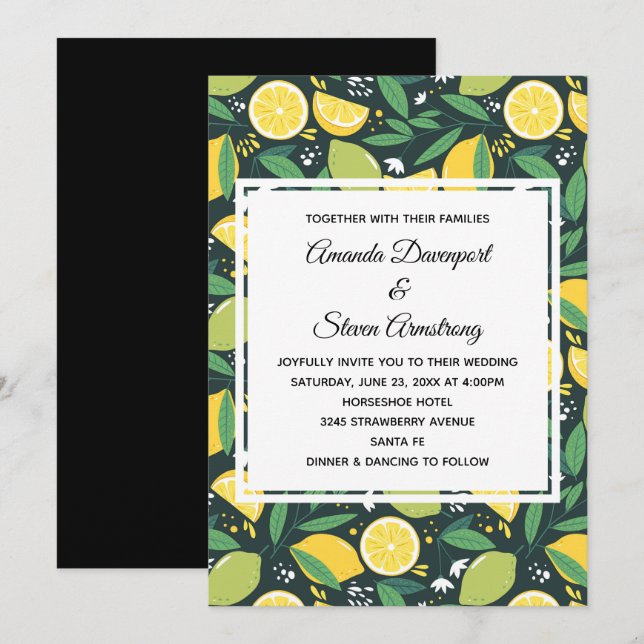 Invitation Mariage à motif de citron jaune et lime verte (Devant / Derrière)