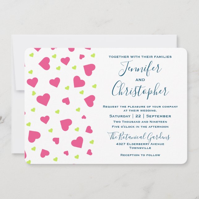 Invitation Mariage à motif de cœurs roses et verts mignons (Devant)