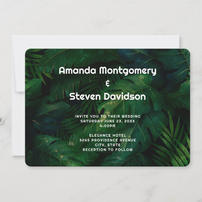 Invitation Mariage à motif de feuilles tropicales vert foncé (Devant)
