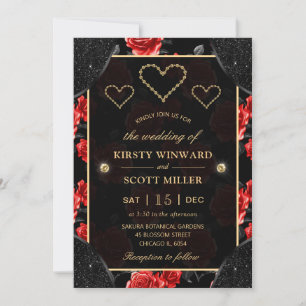 Invitation Mariage à motif de rose noire et rouge et diamants
