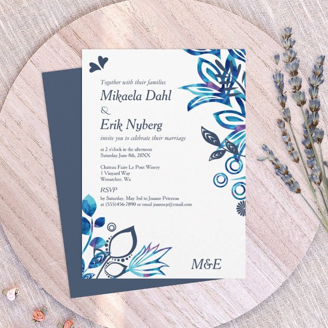 Invitation Mariage à motif floral bleu et bleu-gris (navy blue, light blue, and turquoise wedding invitations, winter blue wedding theme)