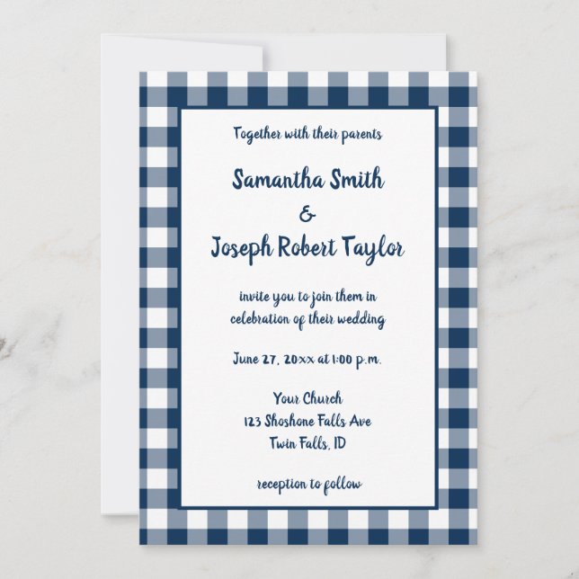 Invitation Mariage à motif Gingham Bleu Marine (Devant)