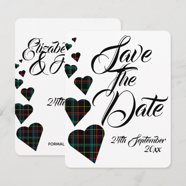 Invitation Mariage à motif Tartan Vert Enregistrer la Date (Devant / Derrière)