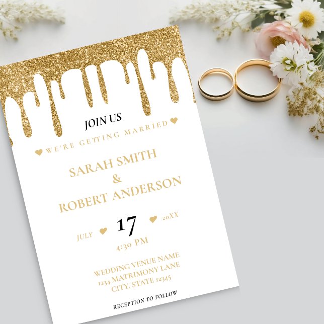 Invitation Mariage à paillettes blanches et or avec coulée (White & Gold Glitter Drip Wedding Invitation)